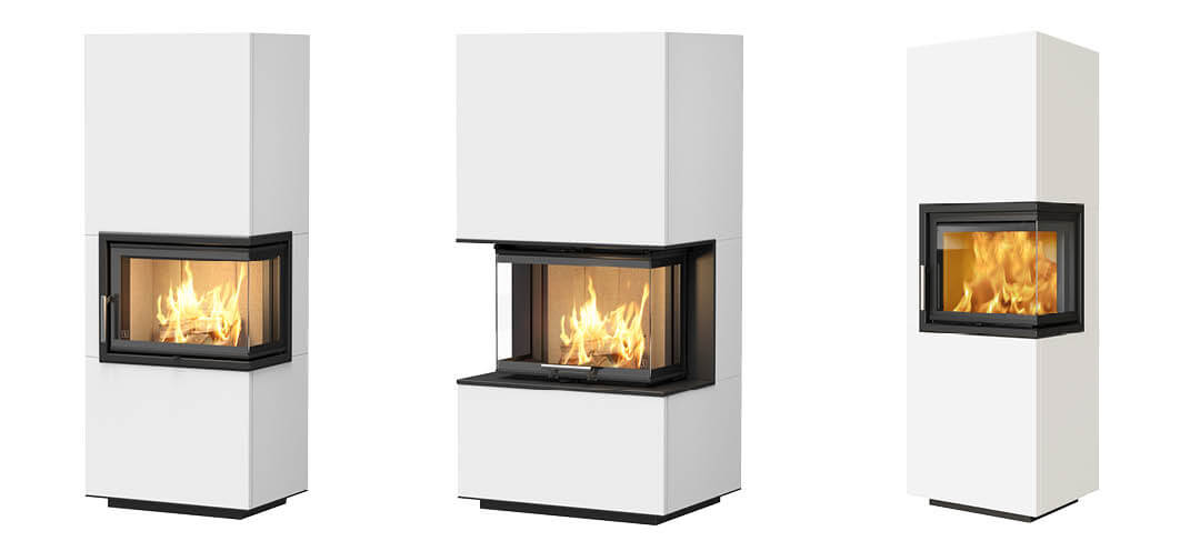 Trzy kompletne kominki z wkładami kominkowymi i obudową kominkową