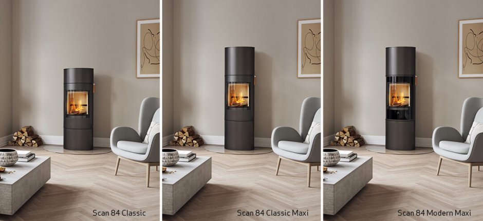 Cztery zdjęcia produktów przedstawiające czarne kominki z serii Scan 84
