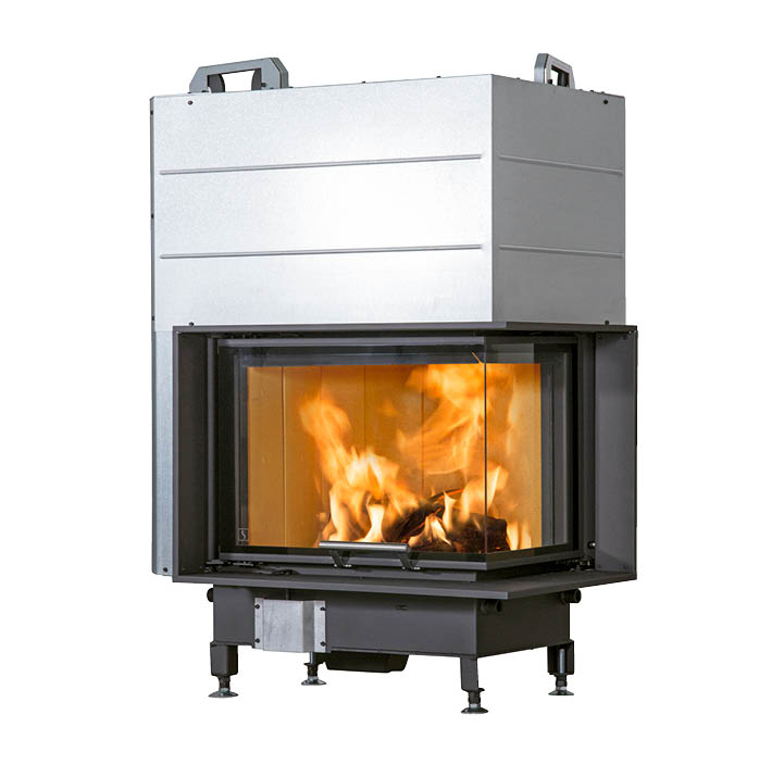 Prostokątny wkład kominkowy ze stali czarnej Scan 5004 z podnoszonymi drzwiami i szybą po obu stronach oraz uchwytem ze szczotkowanej stali