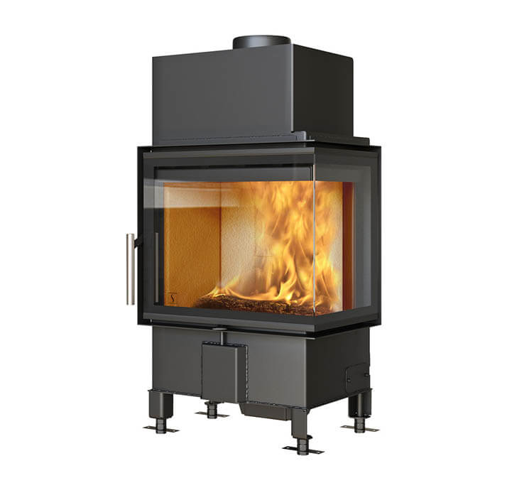 Prostokątny wkład kominkowy ze stali czarnej Scan 5006 ze szkłem po obu stronach i uchwytem ze szczotkowanej stali