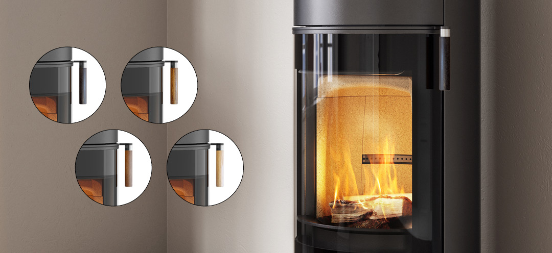 Czarny piec Scan 84 z opcją uchwytów dębowych w czterech różnych kolorach